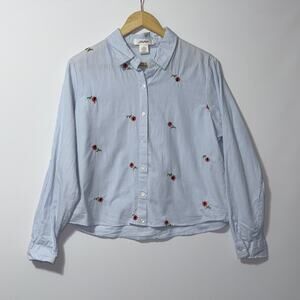 Love Potion Blue & White floral Striped Button Down Shirt women’s Size Large